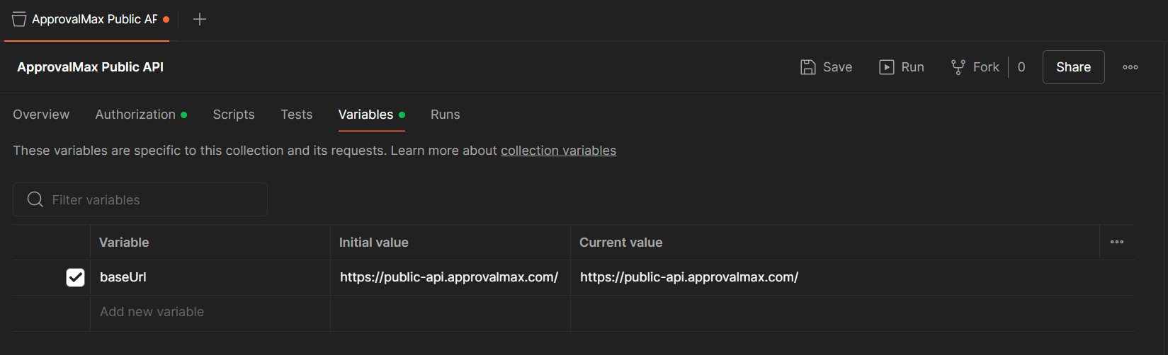 Fill in data in Variables tab